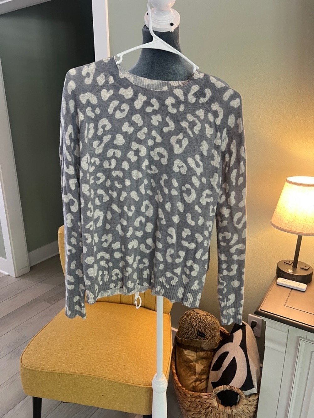 Aqua Gray and Cream Leopard Crewneck Sweater